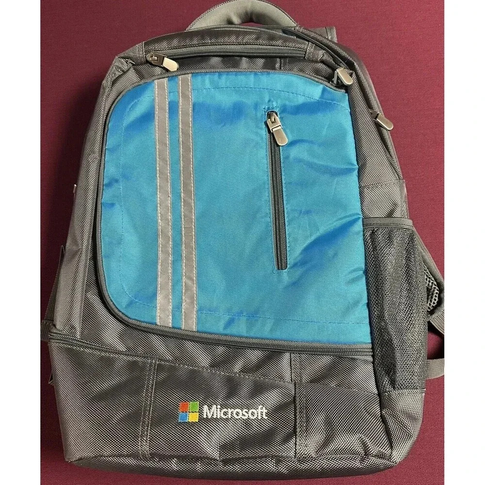 Microsoft Padded Laptop Backpack Strap Multiple Pockets Zip Blue Gray